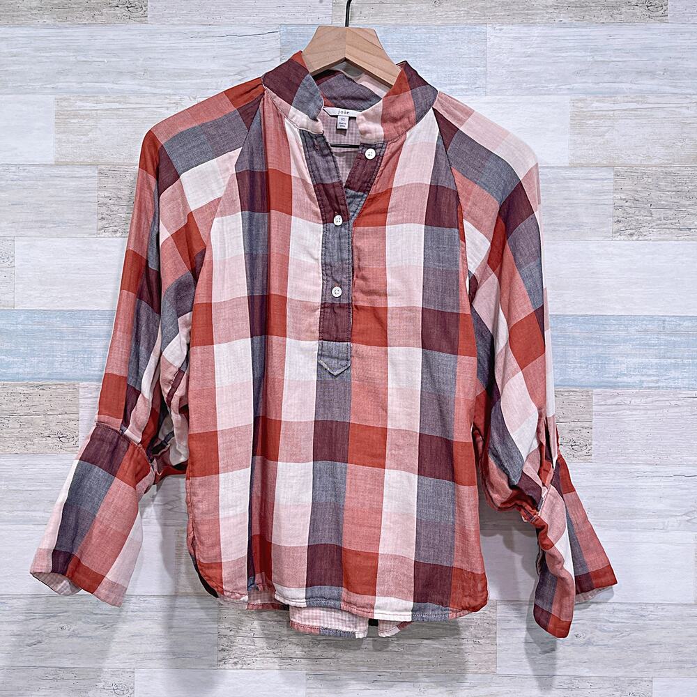 JOIE Dia Plaid Henley Double Cloth Top Brown Orange 3/4 Sleeve Cotton Womens XS